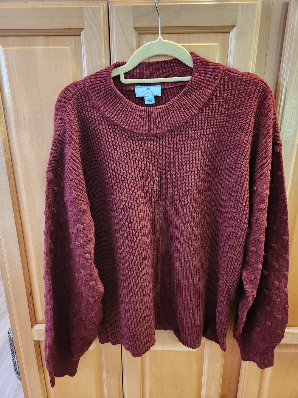 CeCe Maroon Crewneck Sweater with Textured Bobble Sleeves